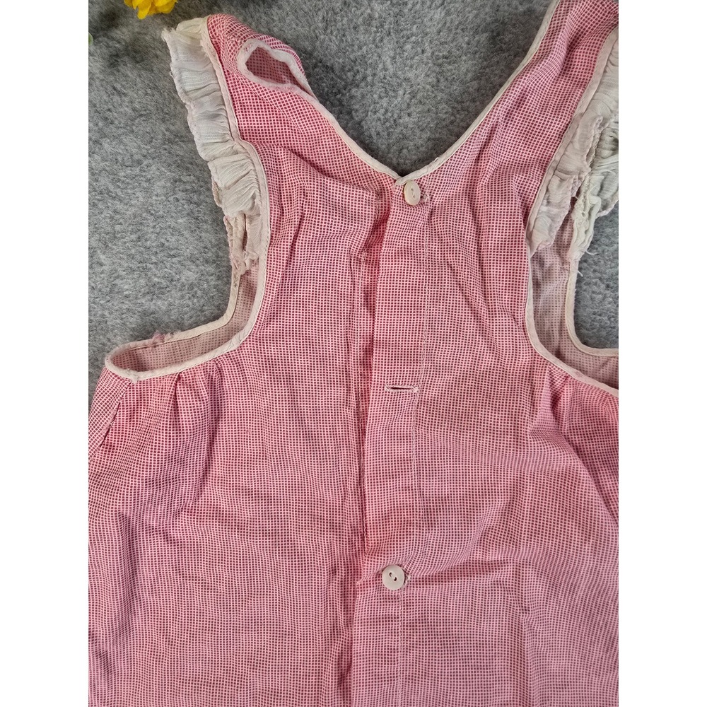 Vintage 60s Gingham Ruffle Pinafore Dress Baby Handmade Embroidered 0-6m - Picture 12 of 13